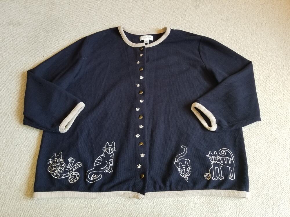 VINTAGE Womens Sweater-CJ BANKS-black/beige Cat Lady cardigan embroidered-3X